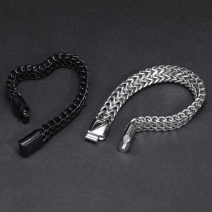 Men's double keel stainless steel wheat chain bracelets in black and silver finishes