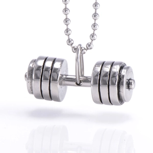 Polished silver stainless steel dumbbell pendant necklace with bead chain for fitness lovers