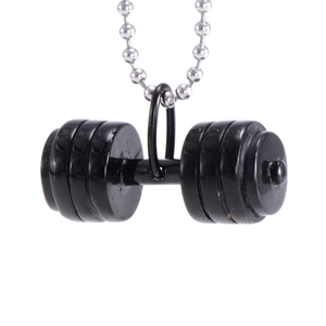 Fitness dumbbell pendant necklace in black stainless steel with silver beaded chain