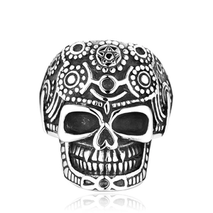Anillo punk de calavera plateado vintage con grabados de estrellas y flores góticas