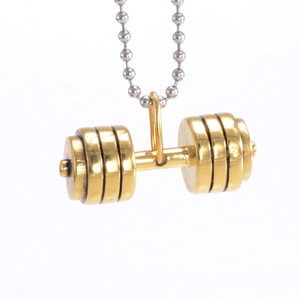 Golden dumbbell pendant with silver bead chain necklace for fitness enthusiasts