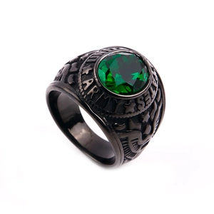 Detail view of U.S. Army ring with emerald green stone and black stainless steel plating