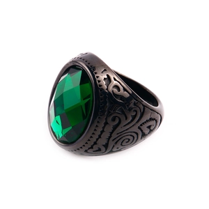 Vintage black titanium steel ring for men featuring an oval green gemstone and ornate carving