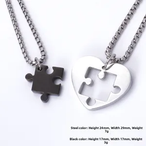 Detail of puzzle heart necklaces with dimensions for steel and black pendants