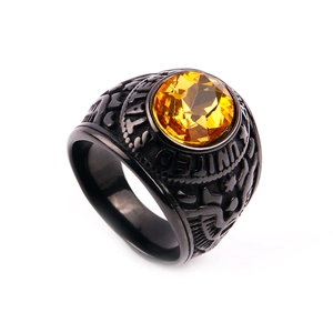 Vintage US Army style black titanium steel ring with a large faceted yellow gemstone