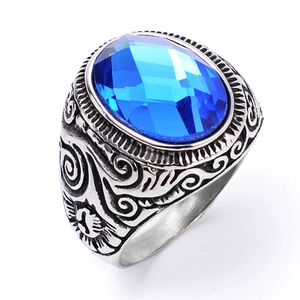 Vintage Stainless Steel Men Ring Engraved Relief Oval Sapphire Emerald Gemstone Band Ring For Business Party Daily Jewelry