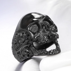 Detailed close-up of a punk-style skull ring in polished black stainless steel finish