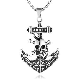 Retro stainless steel anchor pendant necklace with skull and crossbones punk design