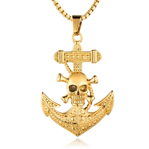Golden titanium steel skull anchor pendant necklace with anchor punk style on white background