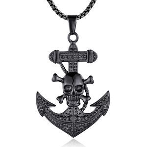 Gothic punk anchor skull pendant necklace in matte black stainless steel with box chain