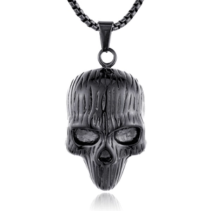 Gothic punk matte black skull pendant necklace with vertical textured engraving for men