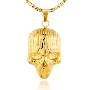 Golden titanium steel skull pendant necklace with realistic texture on a box chain