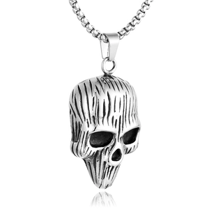 Punk style skull pendant necklace with vertical bark texture on a silver stainless steel chain