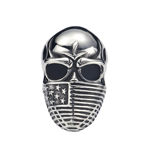Mens punk skull ring with American flag pattern and polished stainless steel finish