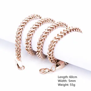 Macro view of 60cm rose gold stainless steel woven chain with 5mm width and lobster clasp
