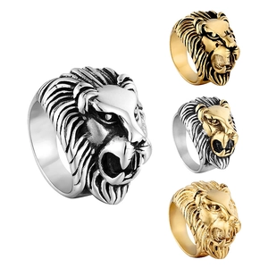 Men's Stainless Steel Lion Head Ring Vintage Punk Biker Style Gold Silver Dominant Animal Design Statement Jewelry Ring