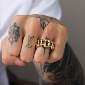 Men's gold-plated 316L stainless steel bicycle chain ring with industrial hollow design