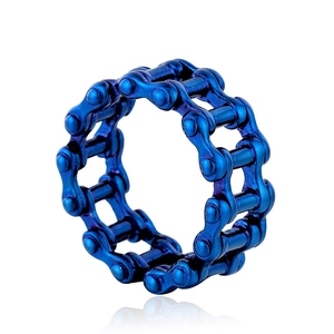 Detail of blue titanium steel mechanical bike chain ring with industrial link design