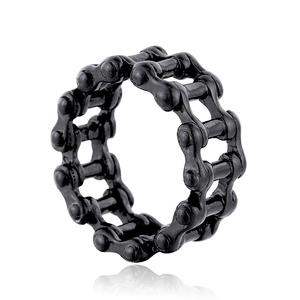 Macro view of men's black stainless steel bicycle chain ring with hollow link design