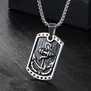 Vintage 316L Stainless Steel Anchor Barbell Dog Tag Pendant Necklace For Men Nautical Strength Motif With Square Pearl Chain Jewelry
