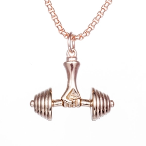 Classic dumbbell pendant necklace in rose gold finish for fitness enthusiasts