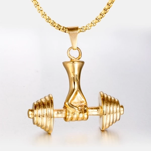 Classic gold stainless steel dumbbell pendant necklace for men with strong grip design