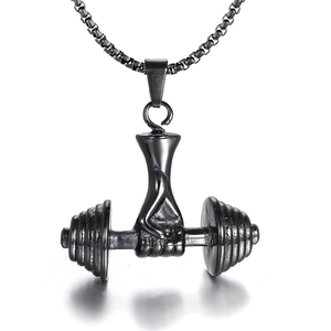 Black dumbbell pendant necklace for men in stainless steel with power lifting design