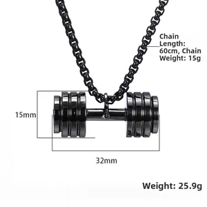 Black stainless steel dumbbell pendant necklace for men with 60cm chain dimensions