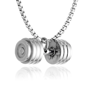 Polished stainless steel fitness dumbbell pendant on a durable box chain necklace