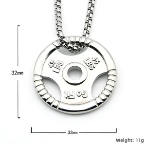 Barbell plate fitness pendant necklace in polished steel finish weighing 11g