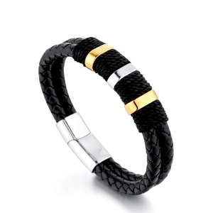 Herren Armband aus doppelt geflochtenem schwarzem Leder mit Gold- und Silberringen