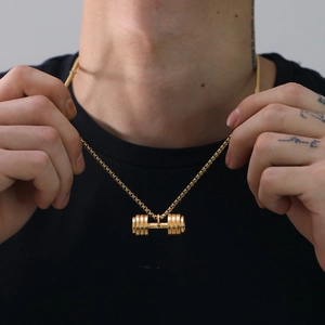 Men's gold dumbbell pendant necklace with stainless steel box chain for fitness style