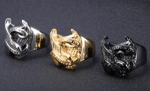 Detail view of retro eagle rings for men in silver, gold and black finishes