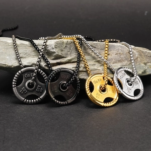 Fitness dumbbell pendant necklace in four colors with Go Fit engraving on box chain