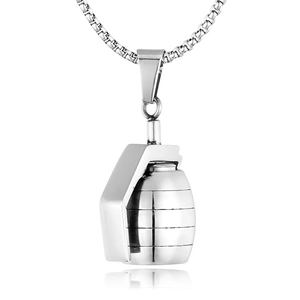 Detailed view of silver grenade pendant with a box chain in stainless steel hip-hop style