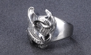 Detail of vintage eagle ring with engraved Live to Ride and Ride to Live lettering