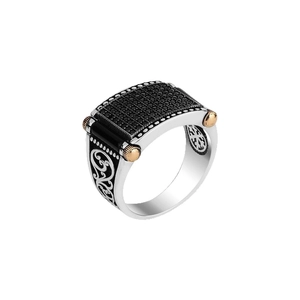 Vintage silver mens gear ring with black rhinestones and intricate floral carvings