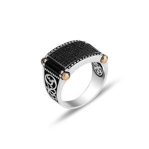 Vintage men's ring featuring black micro-pave stones and intricate baroque engravings