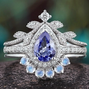 Vintage Legering Blauw Zirconia Traanring Hoofdring En Bijpassende Banden Sieraden Set Voor Vrouwen Feest Bruiloft Ringen