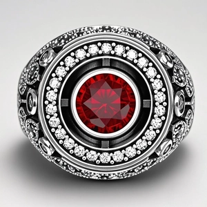 Bague rétro argentée pour homme avec un grand rubis rouge et un halo de diamants blancs