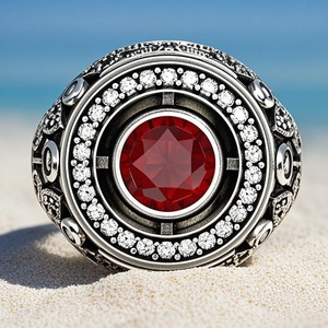 Vue macro d'une bague en argent vintage avec grand rubis rouge et gravure ornée