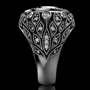 Bague vintage argentée pour homme avec rubis rouge et gravures de feuilles en zircon