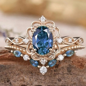 Anelli in Lega Placcata Oro Rosa Vintage Zircone Blu per Donna Pietra Blu Ovale Design a Fiore Traforato Gioielli Sposa