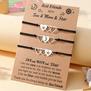 Three-piece Best Friends sun moon and star heart pendant black woven rope bracelets