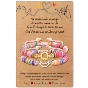 Colorful sun and moon heishi bead friendship bracelets on a poetic gift card display