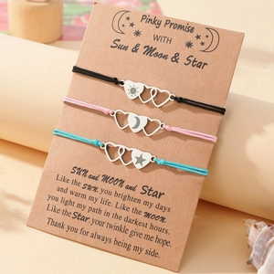 Three-piece stainless steel braided heart bracelets featuring sun moon and star charms