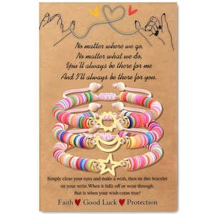 Three-piece rainbow Heishi bead bracelet set with gold sun moon and star pendants