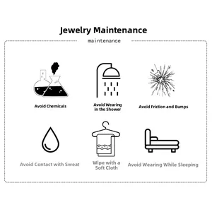 Maintenance guide for jewelry showing icons and tips for cleaning and protection