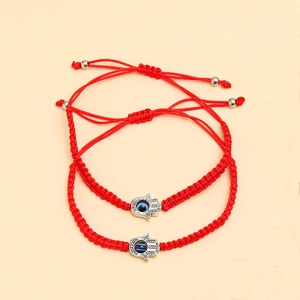Détails des bracelets tressés rouges Hamsa et Evil Eye avec perles en argent