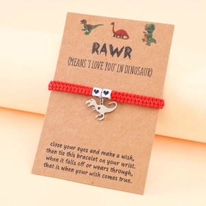 Handmade Woven Dinosaur Bracelet For Women Teens Stainless Steel Animal Charm Wish Card Bracelet Minimalist Heart Bead Adjustable Jewelry Gift